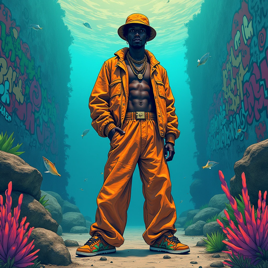 Full color drawing of  Jamaica  hip hop, hip hop, hip hop, hip hop, wide trousers, taps (((graffiti art) (por Karen Griffith))), at the bottom of the sea, crazy details, intricate details, hyper details , low contrast, Cinematic soft light, Exposure Mix, HdR, Forehead