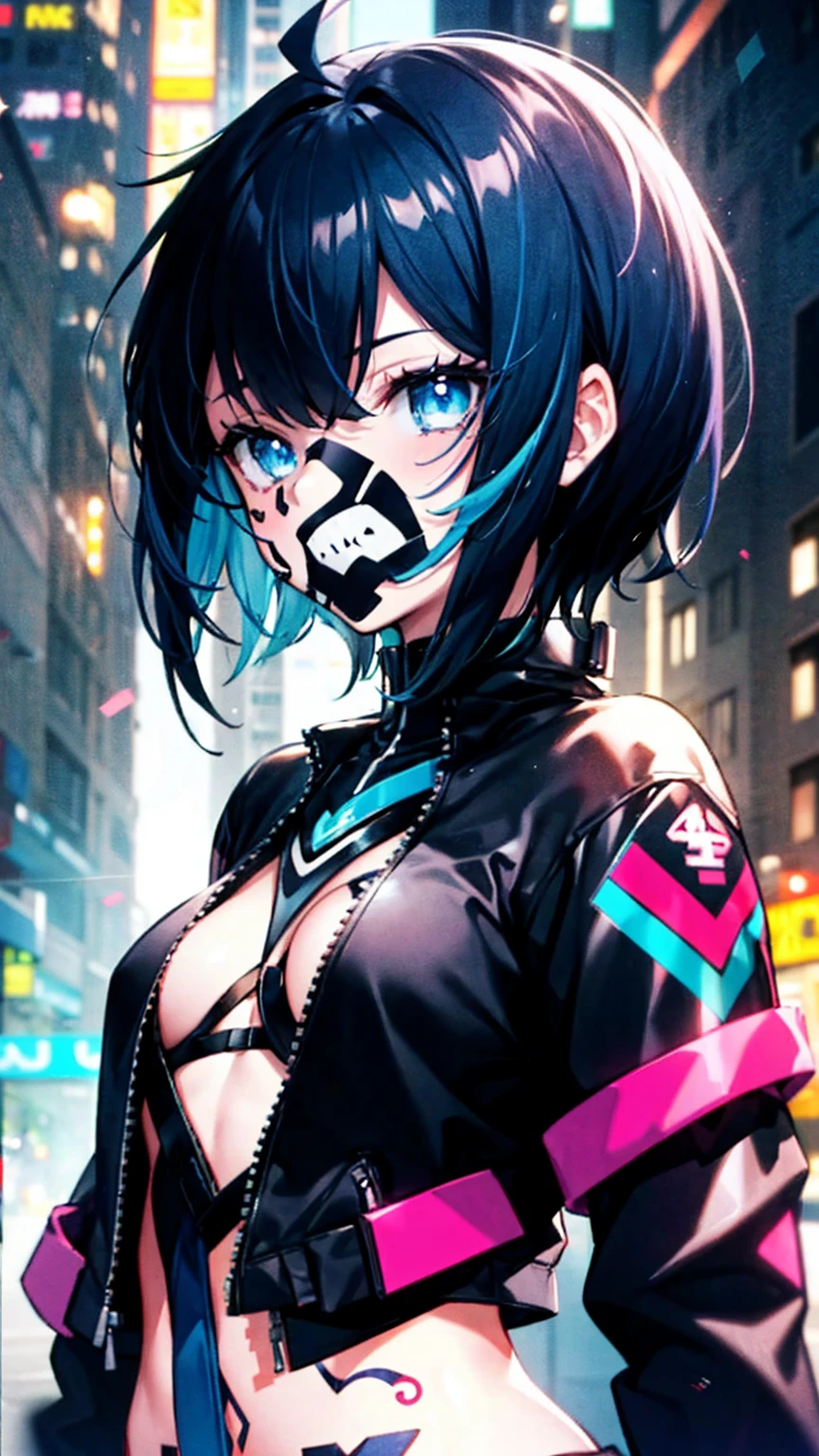 Anime character with gun and black jacket, artwork in the style of Gwaiz, Anime Style 4k yen, Gwaiz, Anime Style. 8k, Gwaiz on artstation pixiv, Gwaiz on pixiv artstation, Ilya Kuvshinov. 4k yen, 4k anime wallpaper, Cyberpunk anime, High quality anime art style, Jinx Face, Wolf Cut, short hair, hot pants, Small breasts, ((Black Hair, Inner bright blue hair:1.4)), Pitch Resuit, rubber ,Nipples, tits, R18, Nipple piercing, Slanted Eyes, Ahegao