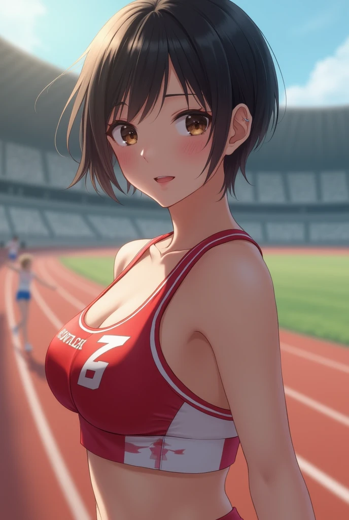 Beautiful Japanese athlete with short hair、Big Breasts、Track and field athlete