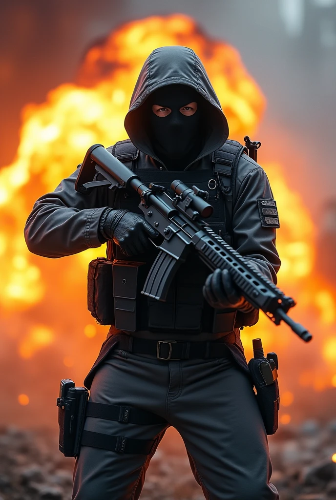 512 pixel wide and 128 pixel tall. Ghost character from call of duty mobile posing pointing the gun towards an enemy with a big blast in the background 