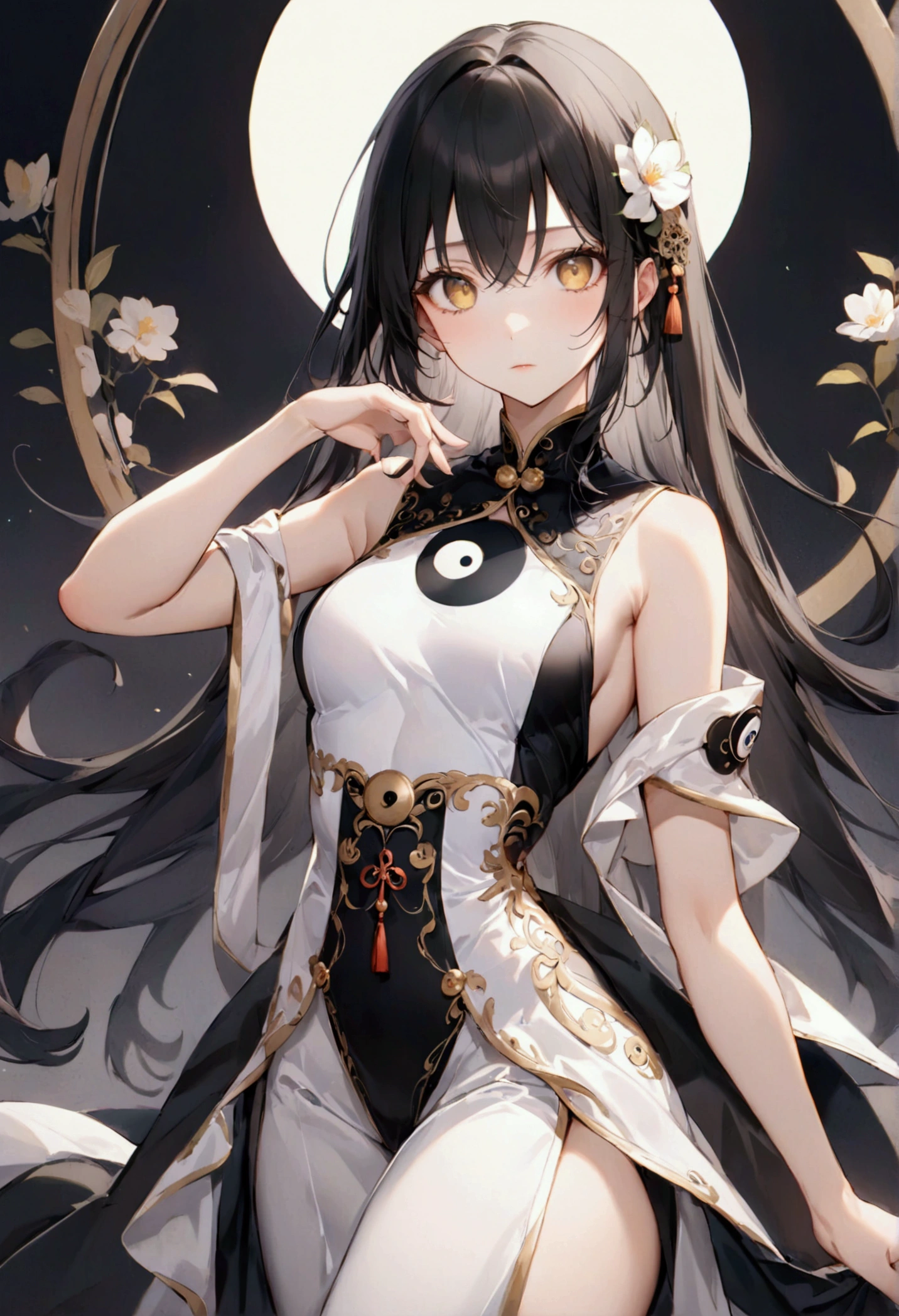 Anime girl with long straight black hair with white highlights, golden eyes,ying yang clothes, detailed body, detailed eyes, masterpiece, best quality, aesthetic, standard pose, 8k, high resolution, ultra-sharp. 