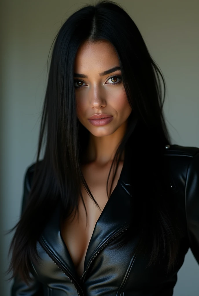 1 woman, debout , wearing a leather jacket, Belle, black and straight hair, yeux claires