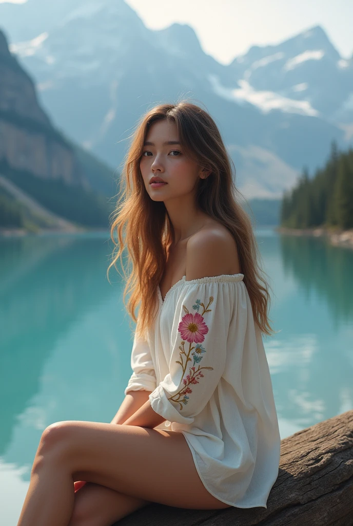 A serene and soft portrait of a young woman, full body, with long, wavy, light brown hair. natural big breast. She is facing straight, gazing off into the distance with a calm and thoughtful expression. The lighting is natural and soft, creating a gentle glow on her face. She is wearing a light-colored, loose-fitting blouse with floral embroidery on the sleeves . She sit on the log, nude beautiful leg. The background is blue lake ice mountain on top, with a cool, muted color palette, adding to the peaceful and contemplative mood of the scene.