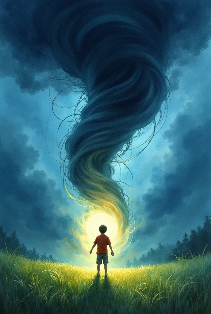 A dark-themed watercolor painting set in a lush green meadow under a deep blue sky. A powerful tornado dominates the scene, twisting violently through the landscape. Within the tornado, a young boy is being lifted into the air, surrounded by a glowing halo of light that contrasts with the dark, stormy atmosphere. The meadow's vibrant greens and the intense blue of the sky are overshadowed by the dark, swirling clouds of the tornado. The overall mood is a mix of beauty and danger, with the glowing boy as a focal point amidst the chaotic scene.