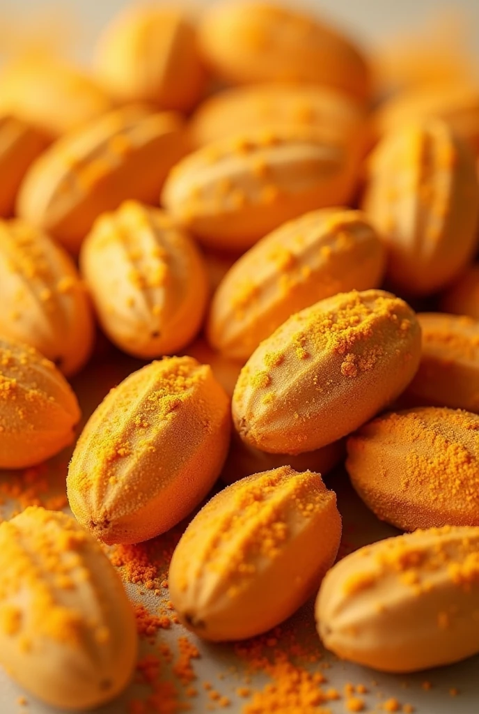 orange cheese powder coated macadamia nuts, near angle