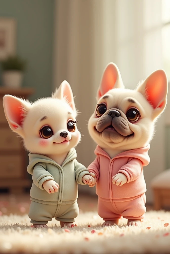 A bone-colored chihuahua and a vanilla-colored Frenchie, holding hands in pajamas