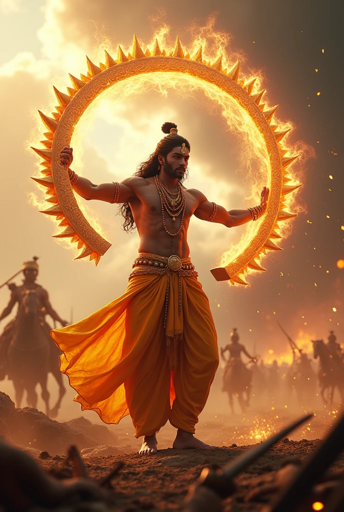 Generate vfx ai image of krishna holding sudarshan chakra in mahabharat war