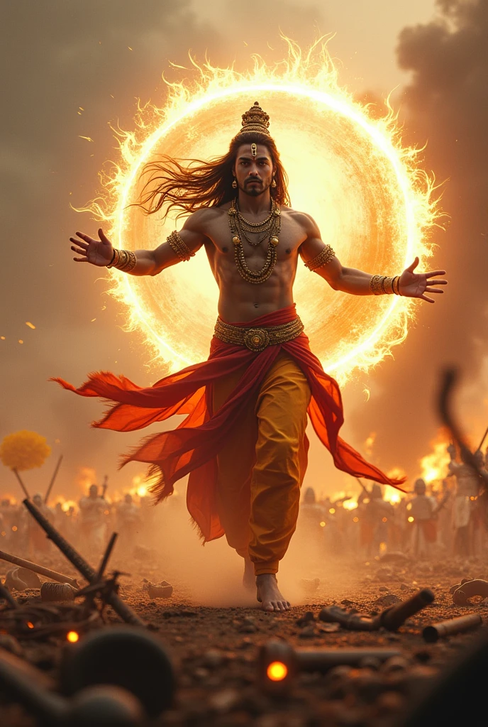 Generate vfx ai image of krishna holding sudarshan chakra in mahabharat war