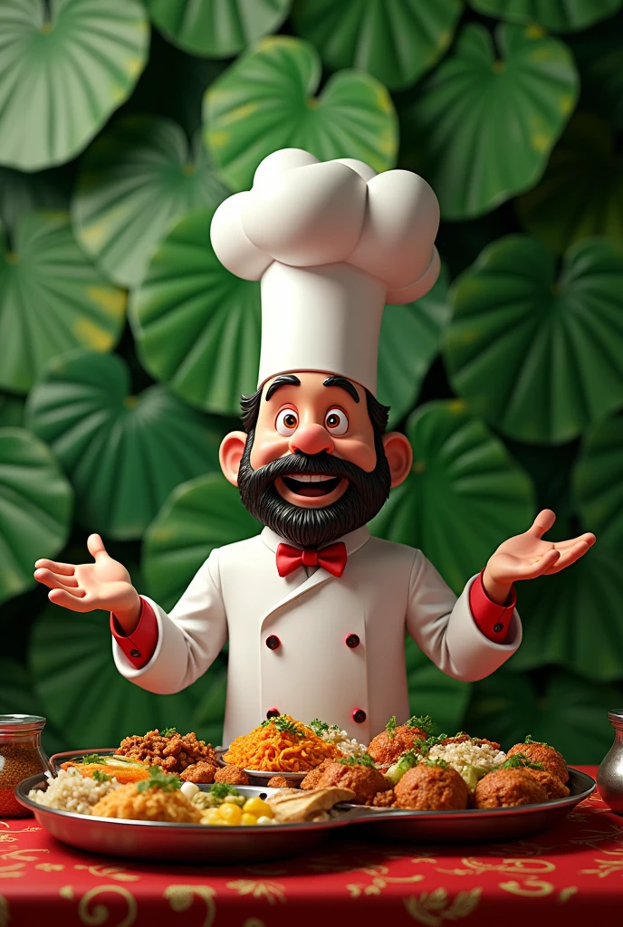 Calssy Banana leaf background with chef meme and with restaurant name kolapasi indian cuisine and thali plate and items