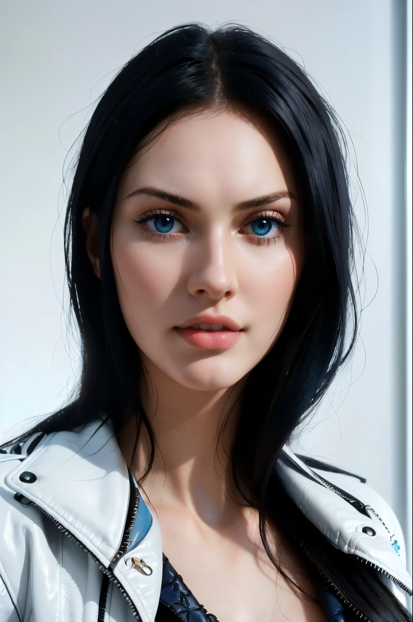ultra realistic 8k cg, (white background, delicate pattern, intricate detail, highly detailed, fine details), best quality, (photorealistic:1.4),beautiful lighting, absurdres, RAW photo, film grain, ((big breasts, slim girl, close-up, portrait)), Nico robin, Woman in dark blue leather jacket, 1girl, solo, black hair, long hair, (, blue eyes), ((slim girl, big breasts)), smile, (simple detailed background, nature environment, close-up, portrait),stunning attractive figure, beautiful photo of sexy woman, looking seductively in front, black natural hair,ultra realistic 8K CG, masterpiece, ((white background, delicate pattern, intricate details)), (highly detailed, fine details), best quality, 1 girl, big breasts ), 1, white skin, femenine, charming, long hair, perfect body, standing on the floor,natural ilumination, too white skin, (close-up, editorial photograph of a 1 woman), (highly detailed face:1.4) (smile:0.7) (background inside white, moody, private study:1.3) POV, by lee jeffries, nikon d850, film stock photograph ,4 kodak portra 400 ,camera f1.6 lens ,rich colors, hyper realistic ,lifelike texture, natural lighting , cinestill 800, natural makeup , too white skin, nami, lovely, femenine, happy,absurdres, highres, ultra detailed, (1 young beautiful girl, solo:1.1) , big chest, chest perfect, big breasts, big breasts, A close-up of a woman wearing a leather blue jacket, black hair, Nico robin, Beautiful figure, very seductive pose, sexy, sweet girl, white skin, Nicorobin, perfect eyes, very white skin, in front of a white wall, too white girl, very white girl, nico robin, ultra high quality, 1 girl, Woman in dark blue leather jacket, hair back, blue eyes
