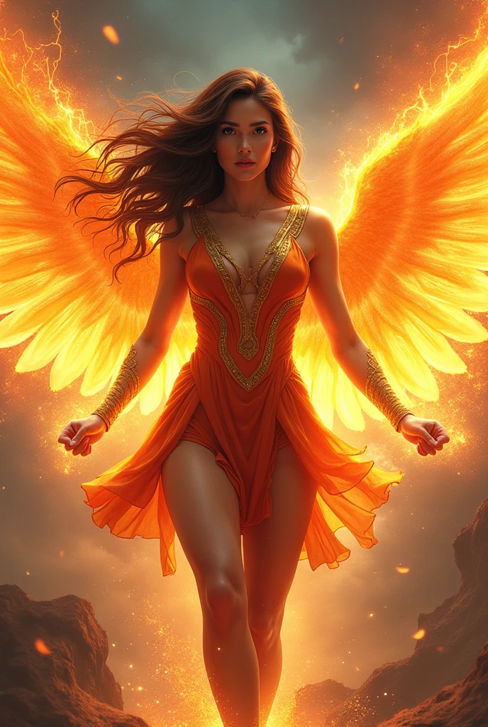 Woman age27 hair color brown wear a short dress skin color tan have phoenix wing using a power phoenix force Make it in marvel comic panel