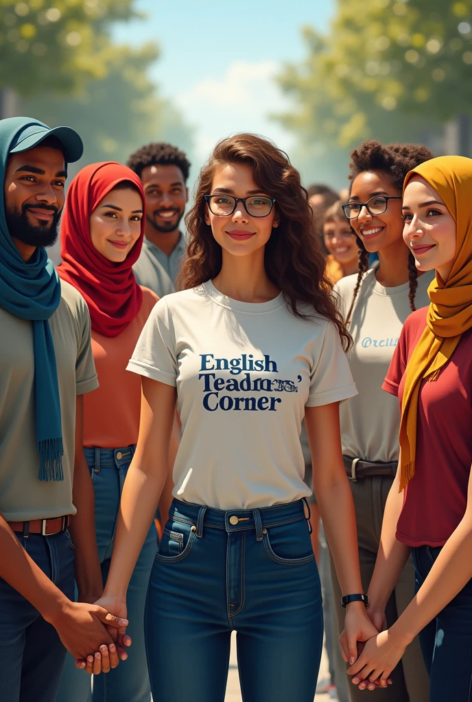 Teachers from any origins,races,ages, costumes and  gathered as one hand in hand with on their t-shirt the inscription ENGLISH TEACHERS'CORNER 