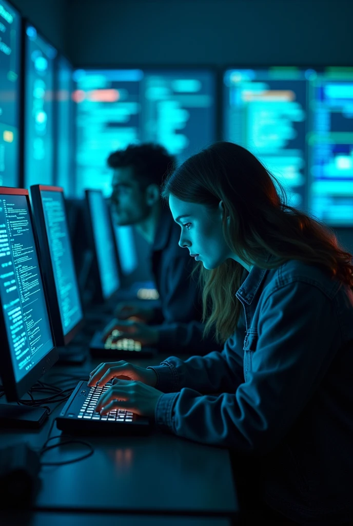  A dimly lit room filled with computers and holographic displays, where a group of hackers in casual, cyberpunk attire work frantically. The walls are covered in screens showing cascading lines of code. In the foreground, Riley leans over a hacker’s shoulder, her face illuminated by the blue glow of the monitors, as they decode the mystery together.