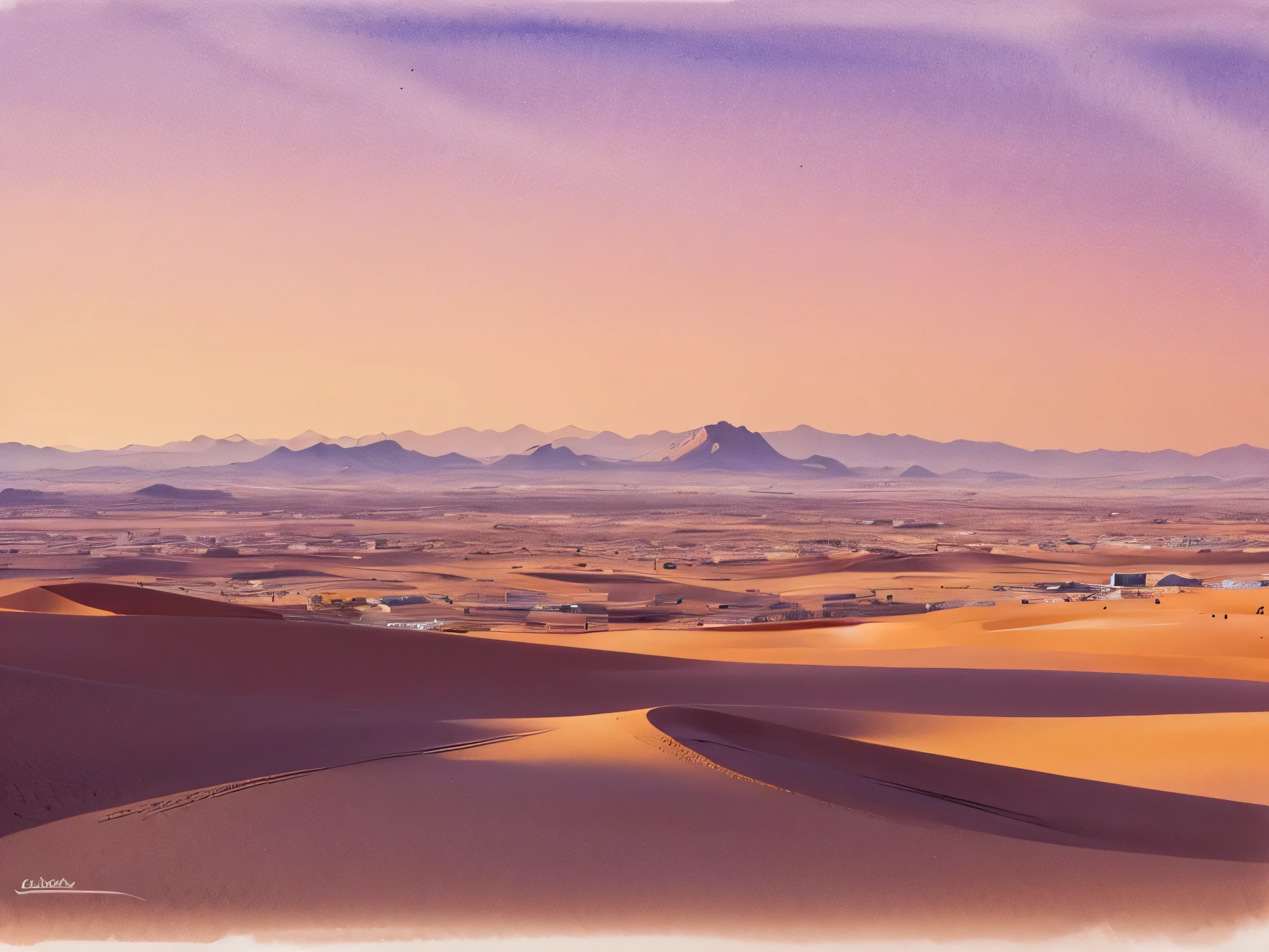 Sahara　I can see the city nearby　watercolor