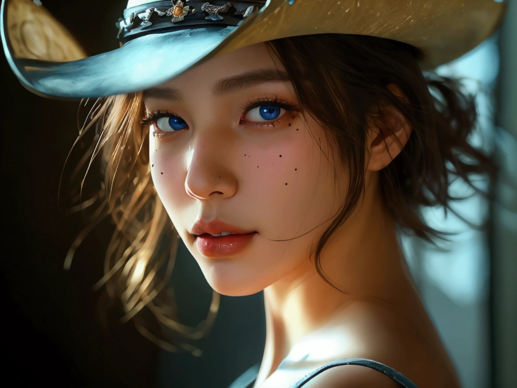 Masterpiece, best quality, มีvery detailed, very detailed very detailed, Really usable, unique, very detailed, Concentrate, ใบหน้าที่completeแบบ, ใบหน้าที่completeแบบ, ดวงตาที่completeแบบสมมาตรcompleteแบบ, ริมฝีปากอวบอิ่มที่completeแบบ, Flexible figure of a woman, , lamp, มีvery detailed, hyper Really usable, Masterpiece, atmosphere, high resolution, full of energy, 动态工作室lamp光, National Foundation, ((dark background)), sexy face, happy expression, smooth and straight, blue eyes,((cowboy shooting, Mole under the eye,)),Half body photograph,complete,