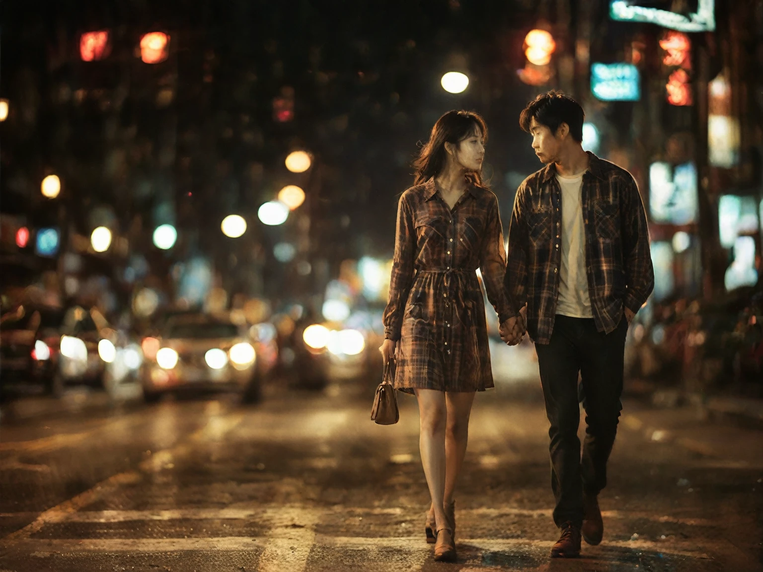 
A striking, ultra-detailed image of a young Korean couple strolling hand-in-hand on a bustling night street. The man is dressed in a cozy flannel shirt, while the woman is clad in a stylish, form-fitting dress. The city lights and traffic signals illuminate their surroundings, casting a warm, inviting glow. The couple's expressions convey a deep connection and passion, as they share a tender moment in the vibrant urban setting.