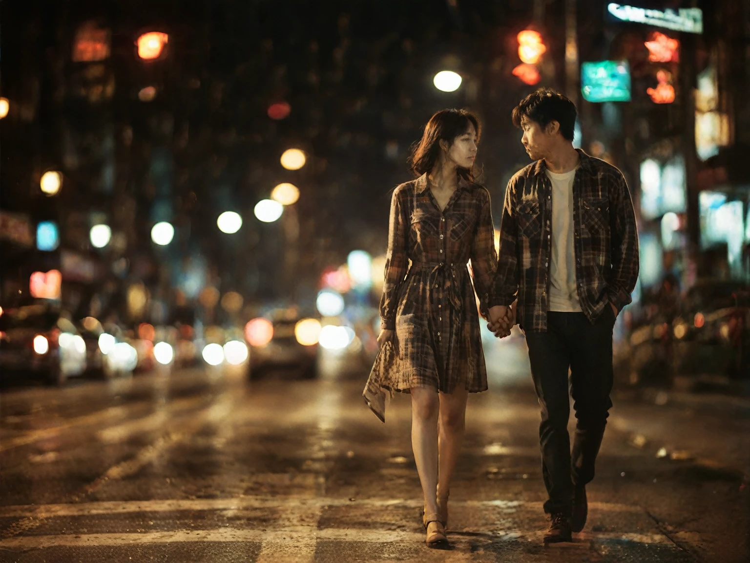 
A striking, ultra-detailed image of a young Korean couple strolling hand-in-hand on a bustling night street. The man is dressed in a cozy flannel shirt, while the woman is clad in a stylish, form-fitting dress. The city lights and traffic signals illuminate their surroundings, casting a warm, inviting glow. The couple's expressions convey a deep connection and passion, as they share a tender moment in the vibrant urban setting.