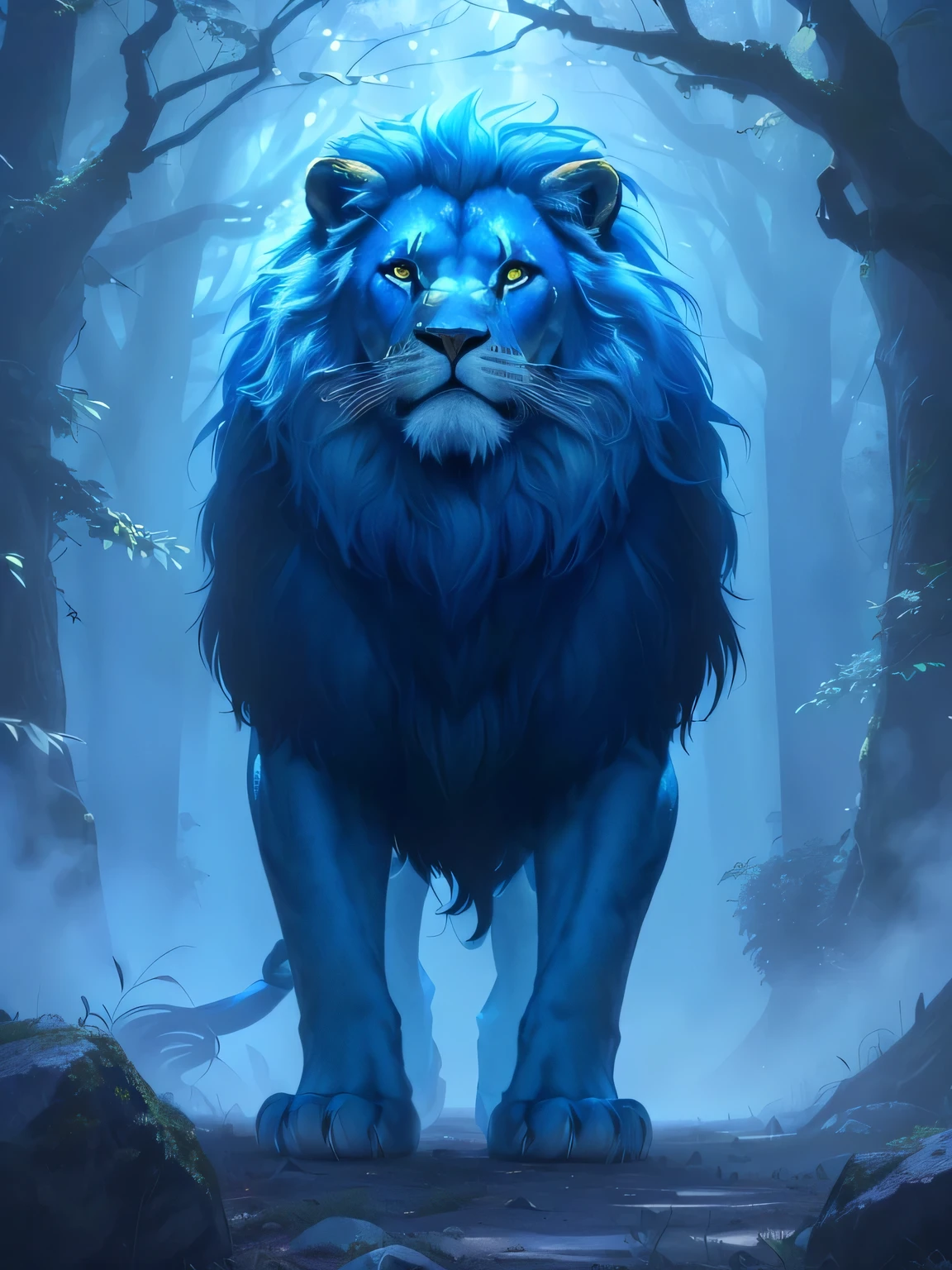a close up of a lion standing in a forest with a blue background, roaring blue lion. majestic, 2 d full body lion, King of the Jungle, looking majestic in forest, King of the Jungle, Amazing wallpapers, aslan the lion, author:Adam Malchinsky, lion warrior, Forest God, blue, lion, Mobile wallpaper 8k,Film texture,Ultra HD Lossless