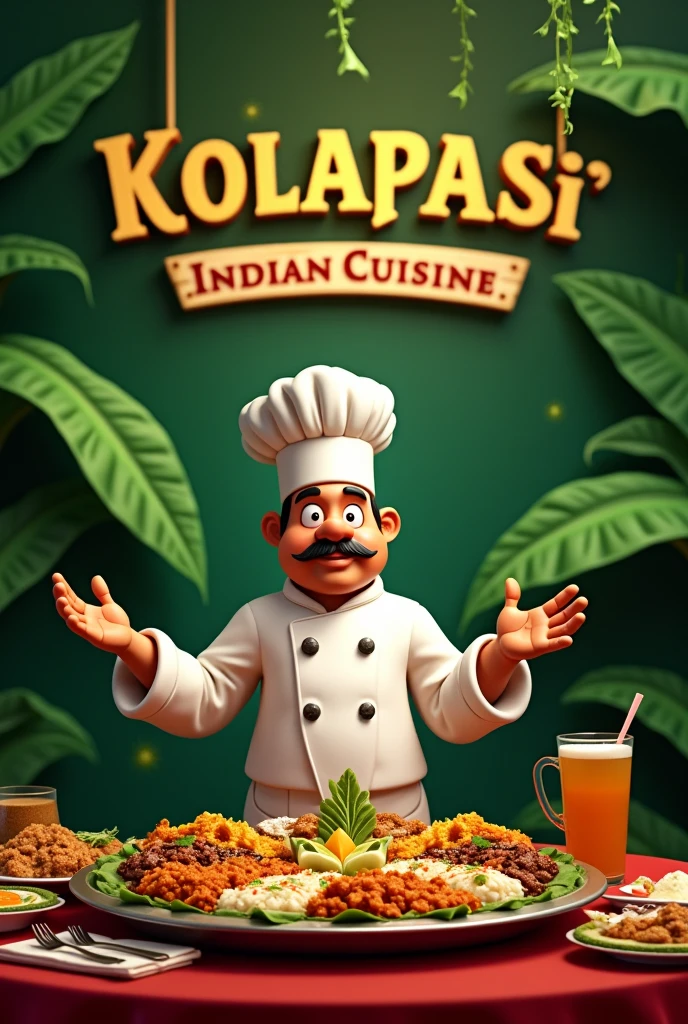 Calssy Banana leaf background with chef meme and with restaurant name kolapasi indian cuisine and thali plate and items