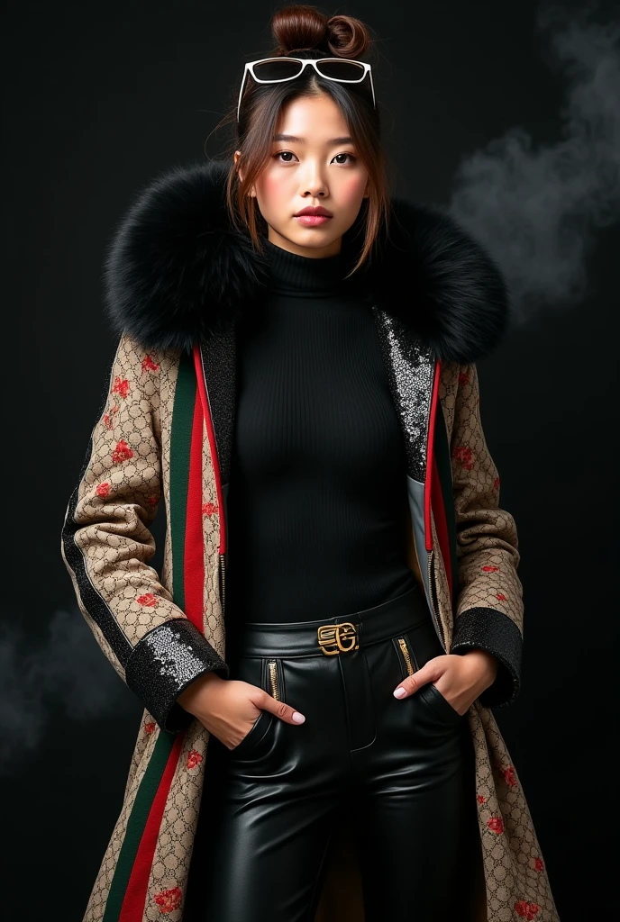 beautiful tanned japanese woman,wearing a very large tight leather vertical black and floral print stripe coat with gucci design dark green and red lines and black sequin fabric turtle neck top tucked inside latex pants, gold zipper, thick eyebrows, photorealistic, masterpiece, moncler, fluffy fur black hood, , messy bun highlighted brown hair, open coat, gucci sunglasses with gold on her head, lips pouting, pouts, void black background with smokes and nice lighting