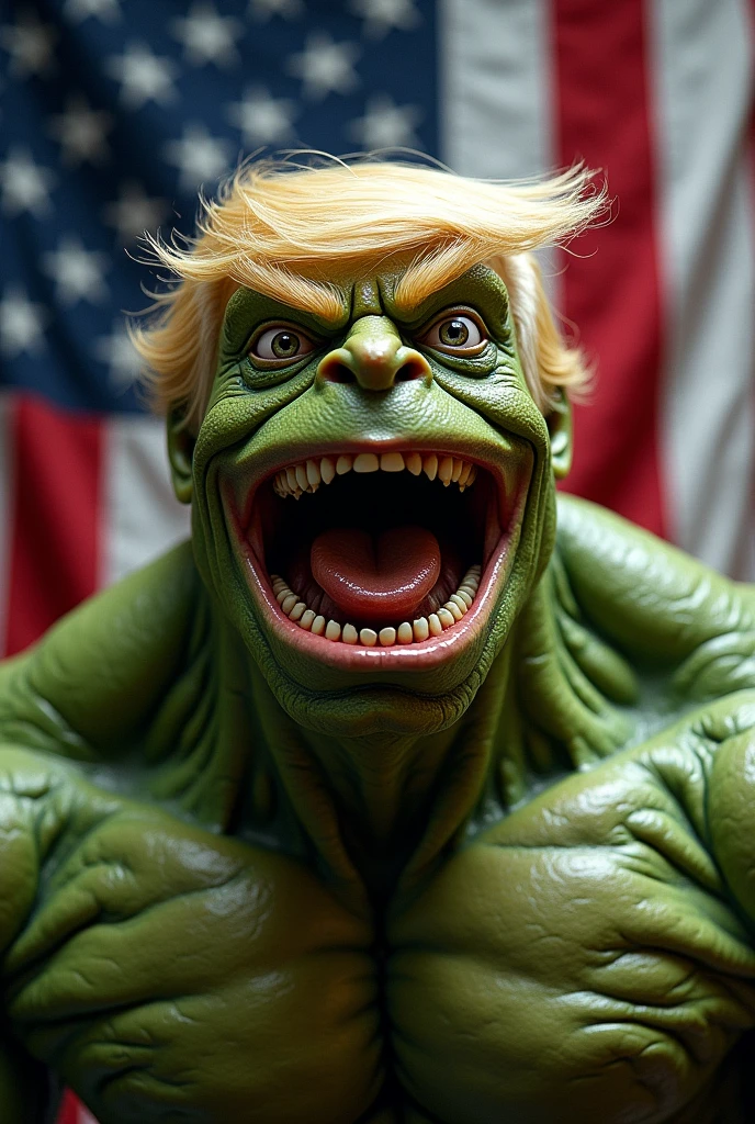 image tête trump en hulk effet grenouille 
sur un fond d’écran drapeau américain 