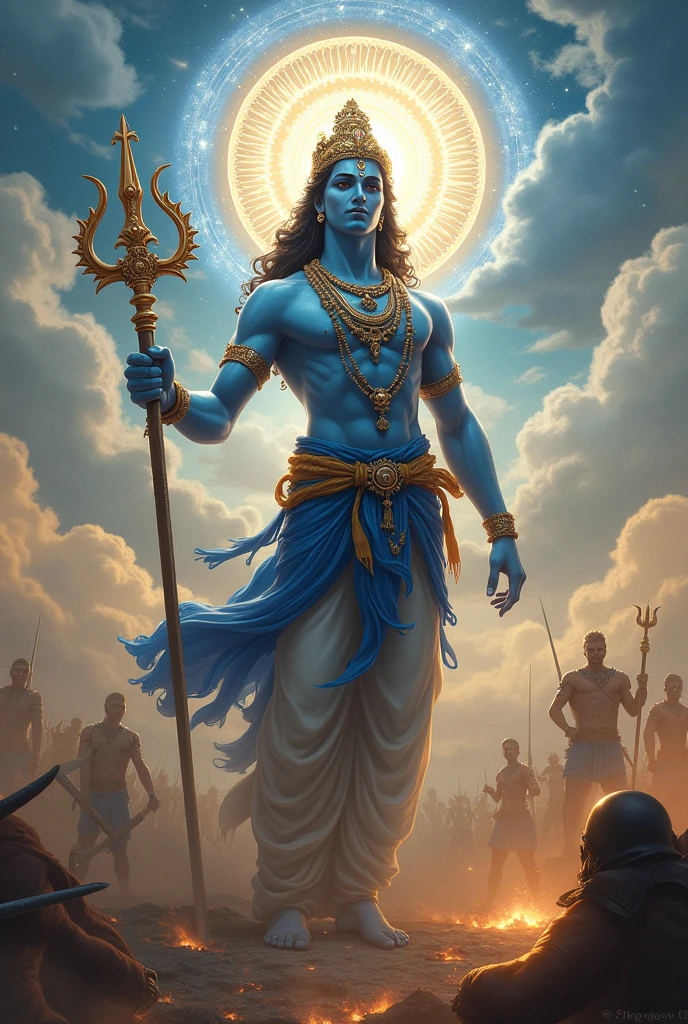 Generate ai image of krishna holding sudarshan chakra in mahabharat war