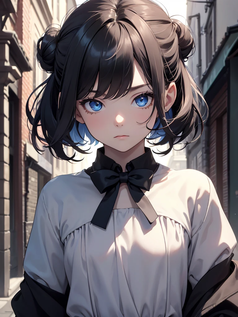 (8K, Best Quality, Masterpiece, Ultra High Resolution) Single Person, 1 Girl, , Young, Small Child, Cute Eyes, Face Details, Pale Skin, Slender, Short, Flat Chest, Dark Black Hair, Hair Buns, Blue Eyes, Hair Bow, Dark Alleyway, Best Quality, Upper Body, Looking at the Viewer, Facing Viewer, Close Up