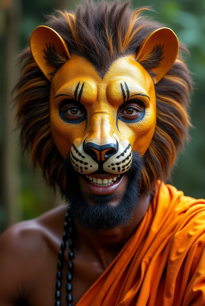 A man wearing a mask depicting a lion's face。The mask is cut into an inverted U shape to reveal the man's nose and mouth.。Smiling face。Front view, chest up。The clothes are loose like those worn by Africans.。