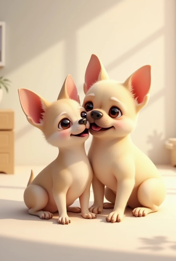 A bone-colored chihuahua and a vanilla-colored Frenchie, by the neck