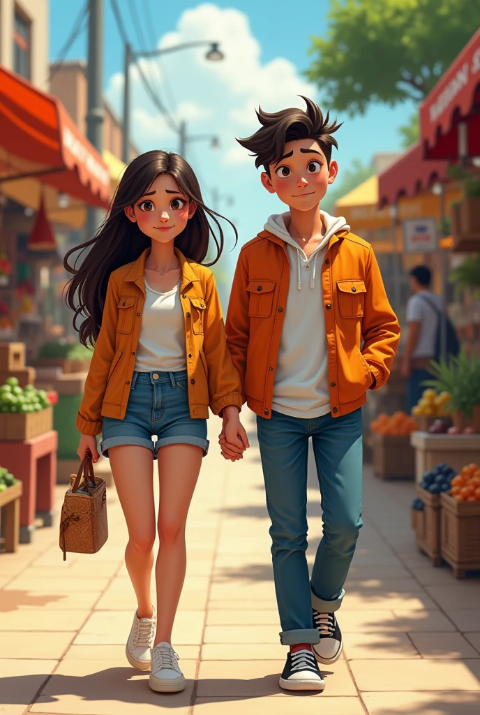 A couple walking though a market, girl is smiling , boy is crying
