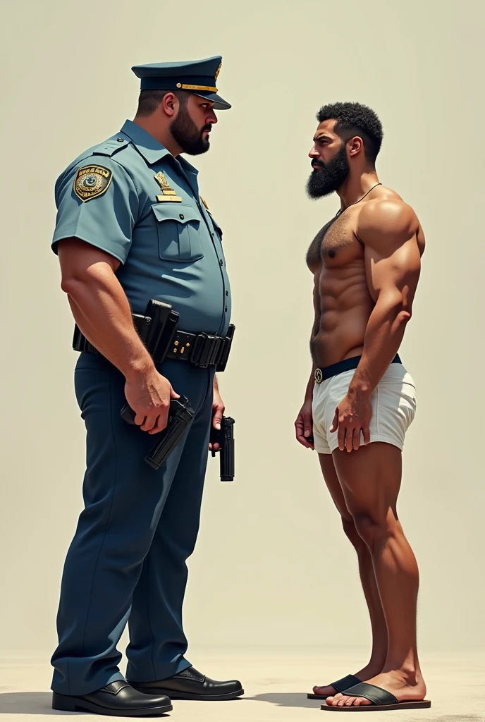 Strong uniformed police officer pointing a pistol at a thin, muscular, bearded mixed race man, in white underwear and flip-flops, with your hands on your head.