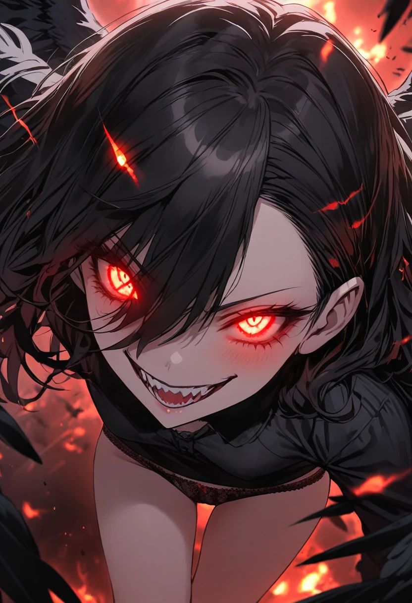 girl,  sinister smile, in panties, black wings behind, black hair to the eyes, red glowing eyes, brutal, crows flying from above