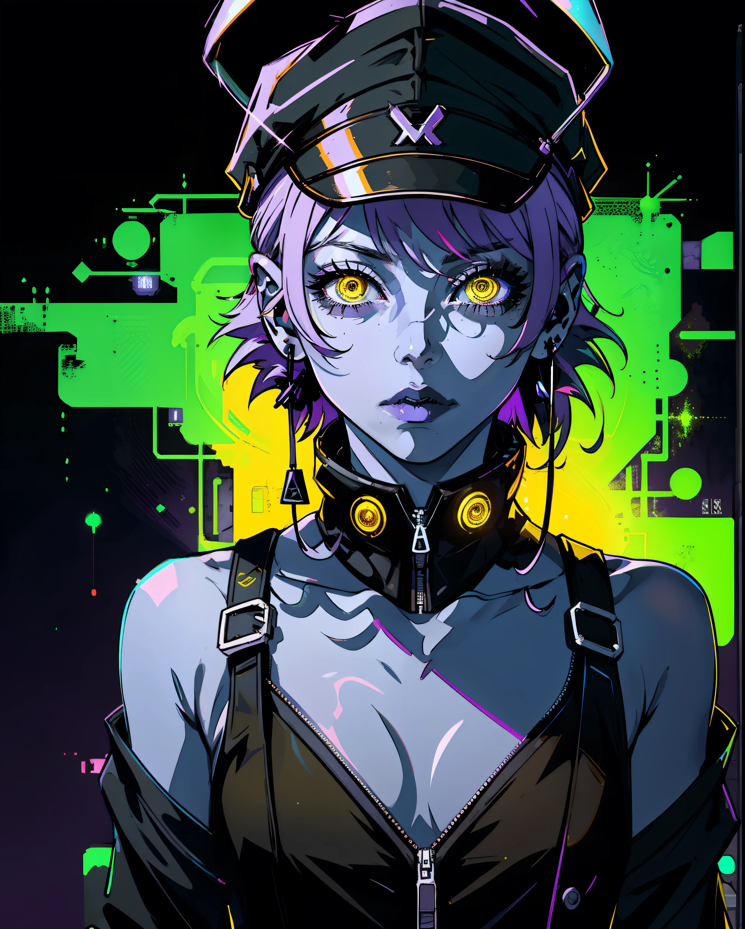 The Sex Box of Hell 1 chica,Alone,showy,yellow eyes,cyberpunk,city,peace sign,earrings,purple hair,eye patch,parts,prosthesis,mechanic,neon,beautiful lighting,Purple reflection,cap,to smoke,Character focus,computer generated illustration,bust shot,I wore a yellow and black outfit.,black fur,