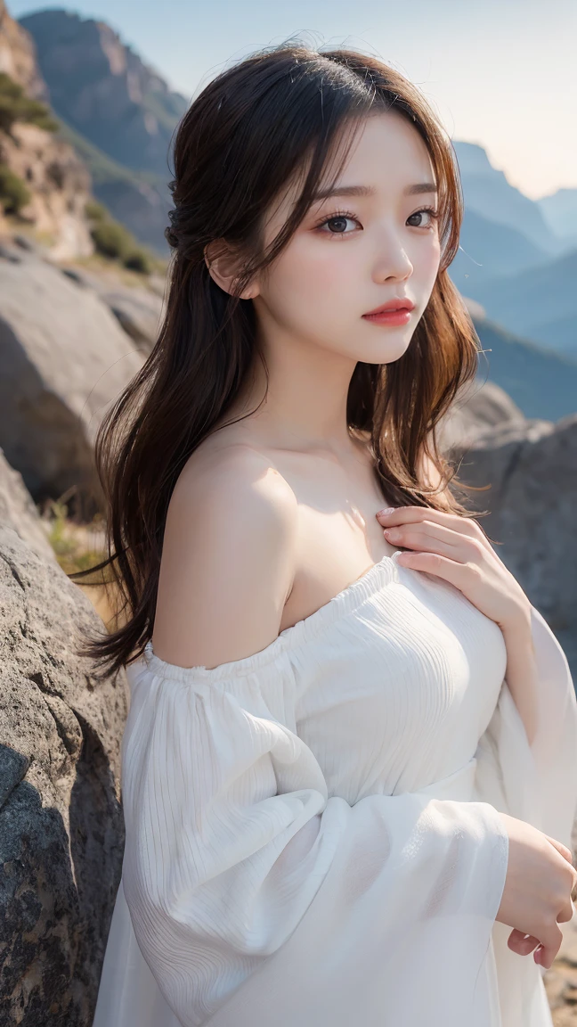 hanfu-song, hanfu, Song Theme, Bandeau style, Pipe top, ((bare shoulders)), ((whole body)), actual, Fashion girl, red lips, adult, cosmetics, big eyes, fair eyes, ((whole body)), ((from below)), (best quality, masterpiece:1.2), super detailed, (actual:1.37), ((Sexy long legs)), fair, young and energetic, Charming model with (exquisite eyes, delicate lips, extremely exquisite eyes), Show a bright smile, Create stunning girl images, Warm colors, Extremely high color saturation, official art, Extremely detailed CG unified 8K wallpaper,(high dynamic range :1.4), (cinematic),(pastel colors, The color is dull, soothing tone :1.3), (natural skin texture, ultra-actual, soft light, sharp),(Very detailed), night, moonlight, ((in mountains, plant, Leaning against the rocks))
