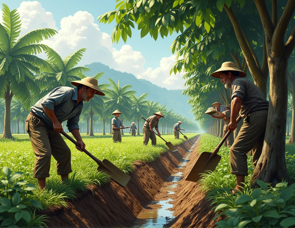 Digging trenches near the roots of rubber trees for irrigation