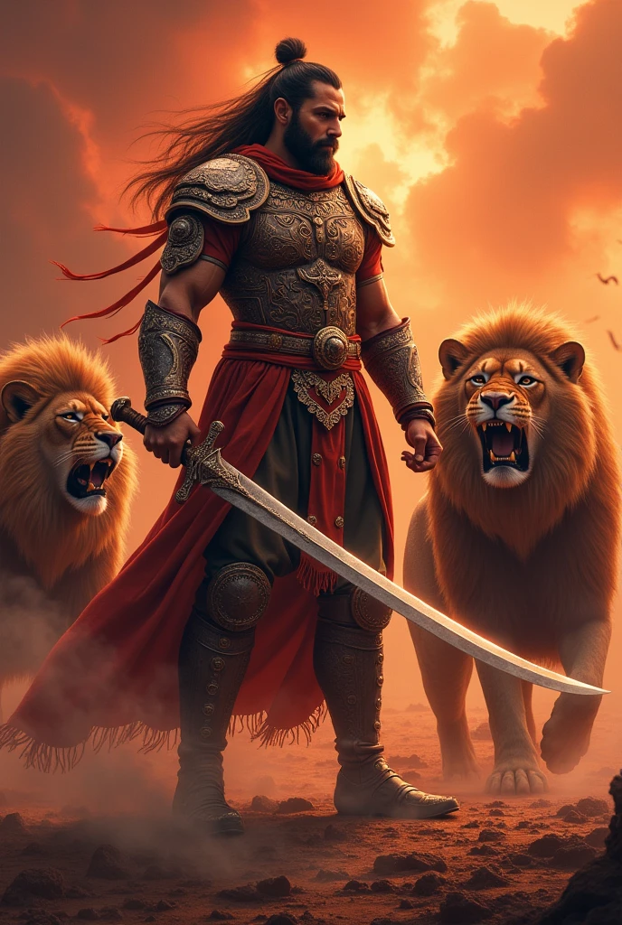 HD 8k ultra, yoddha talwar, rathoda background Red , wor field , furant image dangras lions wor