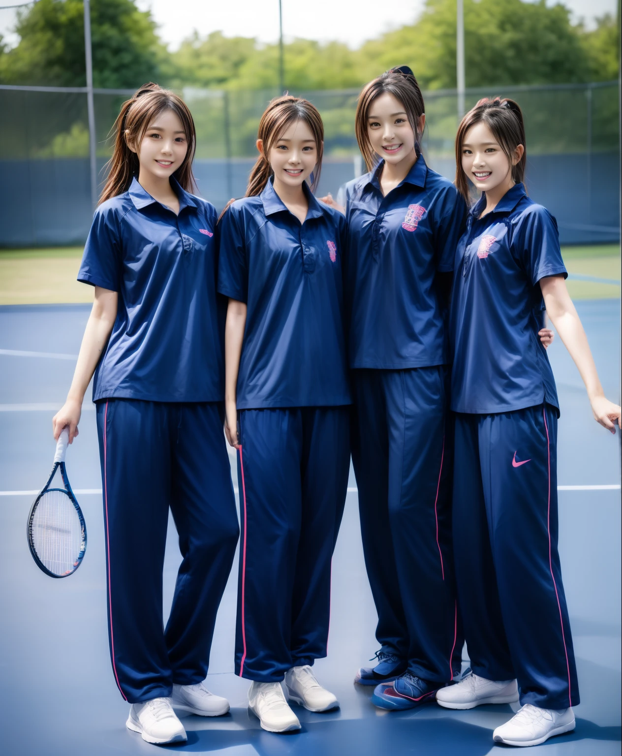 3 girls play tennis at tennis courts, Navy blue short-sleeved shirt,Navy Long Trackpant,Sweatpants, Sweatpantsขายาว,2 girl, lesbian, sexy, exercise clothes, wet body, exercise clothes