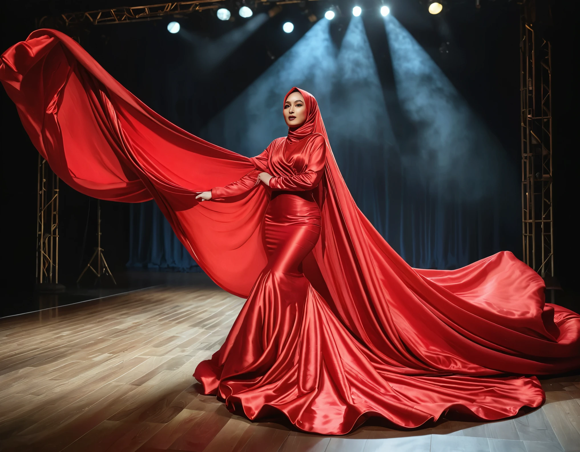 A woman shrouded in a 8-meter-long, plush red satin cloth, tightly bound and grandly draping along the form of her body, flowing off into a pooled floor-length train, styled in a mermaid-inspired outfit with very long train outfit, her head modestly veiled in a satin hijab, tall woman, walk on stage, sing in front of a microphone stand, a full-body pose conveying a sense of mysterious elegance, captured in a 4k resolution, ultra-realistic