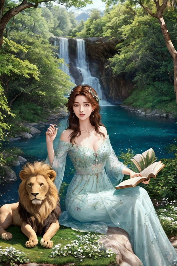 Une forêt enchanté avec un lion , un loup , , une jolie femme lisant un livre de magie assis sur un rocher contemplant la vue , des jolies fleurs , un lac , de la magie , une cascade , style gothique
