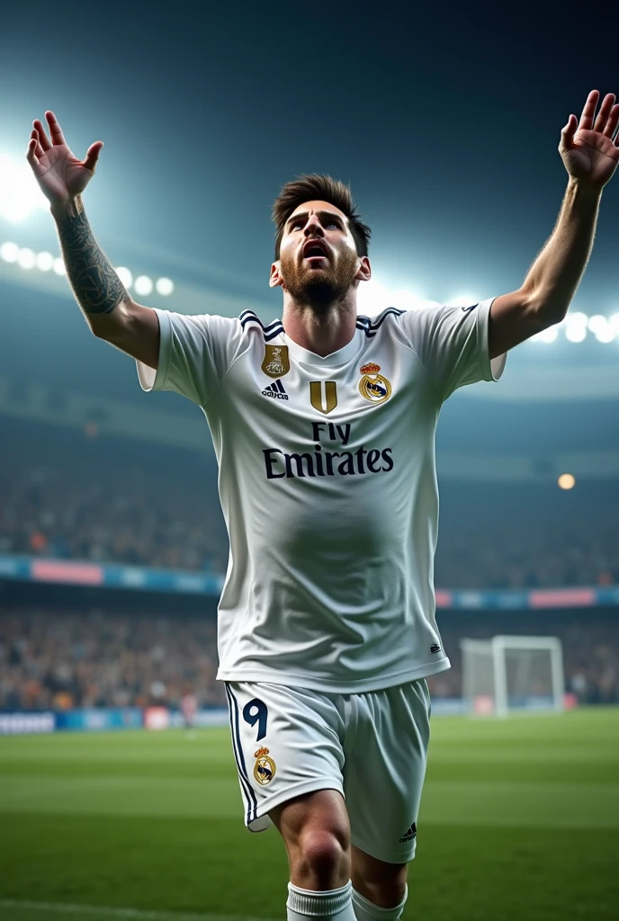 Messi in Real madrid shirt celebrateing a goal