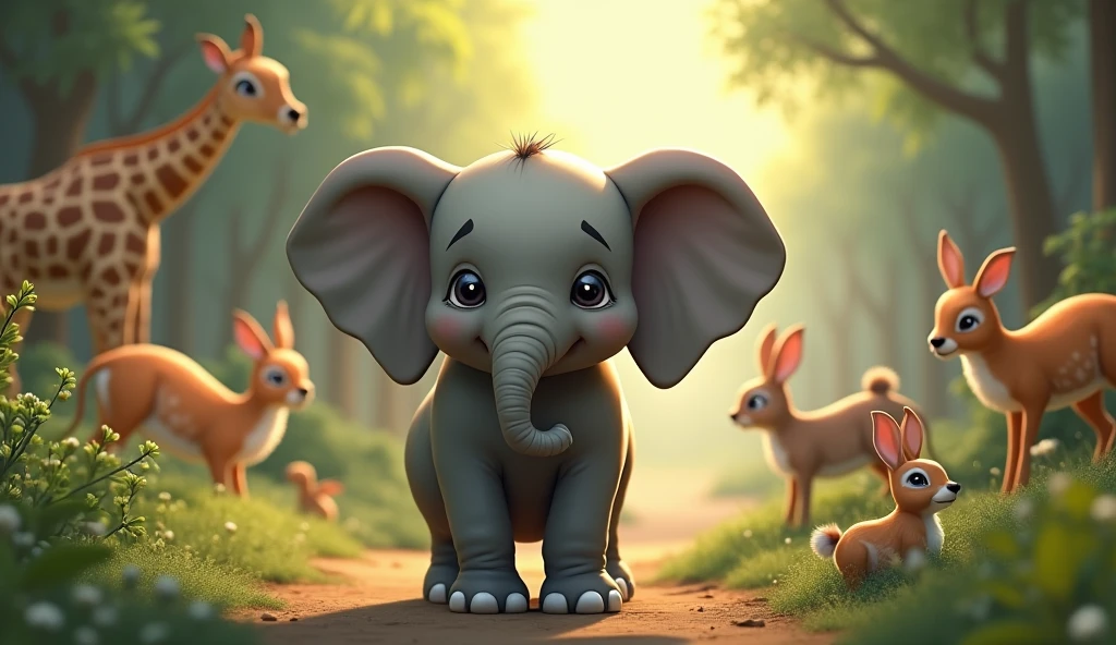 draw a sad baby elephant standing in front of giraffe, dear and rabbits who are happy.