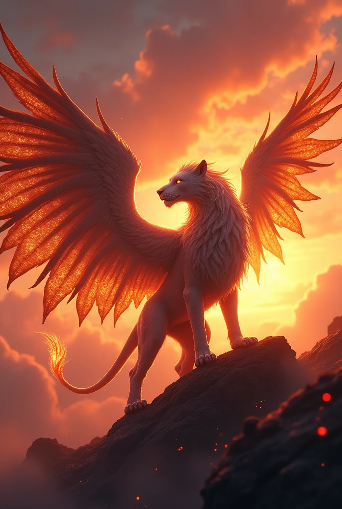 A mythical creature with large fiery wings , against the backdrop of sunset 