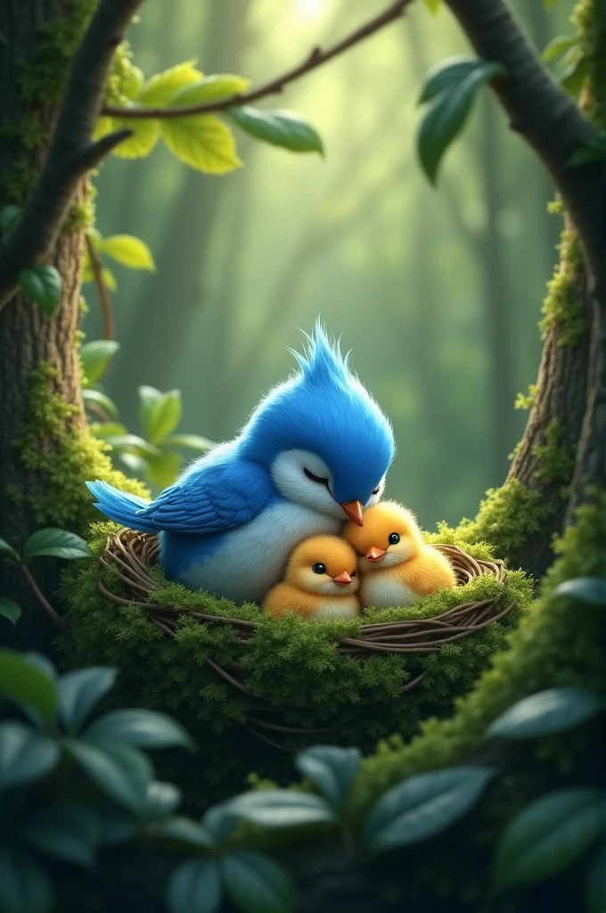 Bird's Home: In a small, dense forest, a small blue bird and her two tiny chicks are resting in their nest. The nest is green, and the bird is blue.
