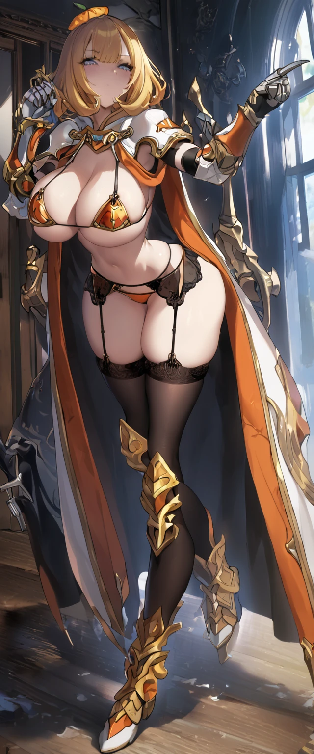 1girl, clementine \(overlord\), full body, bikini armor, garter belt, gauntlets, blonde hair, short hair, good hand, good finger, masterpiece, extremely detailed CG unity 8k wallpaper, best quality, 32k, focus sharp ,big breast
