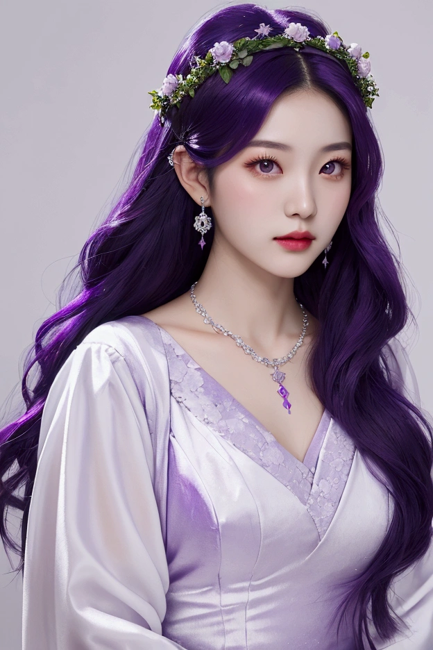 portrait of woman ,20yo,chinese,upper Purple hair dark purple eyes wearing a white purple flower crown Black purple royal clothes Crescent moon necklace