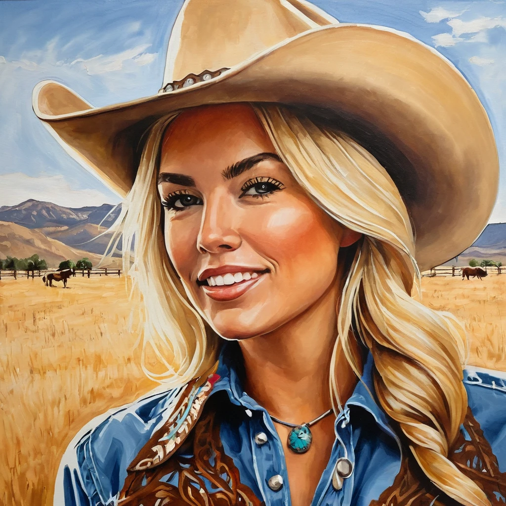 acrylic painting of cowgirl with blonde hair