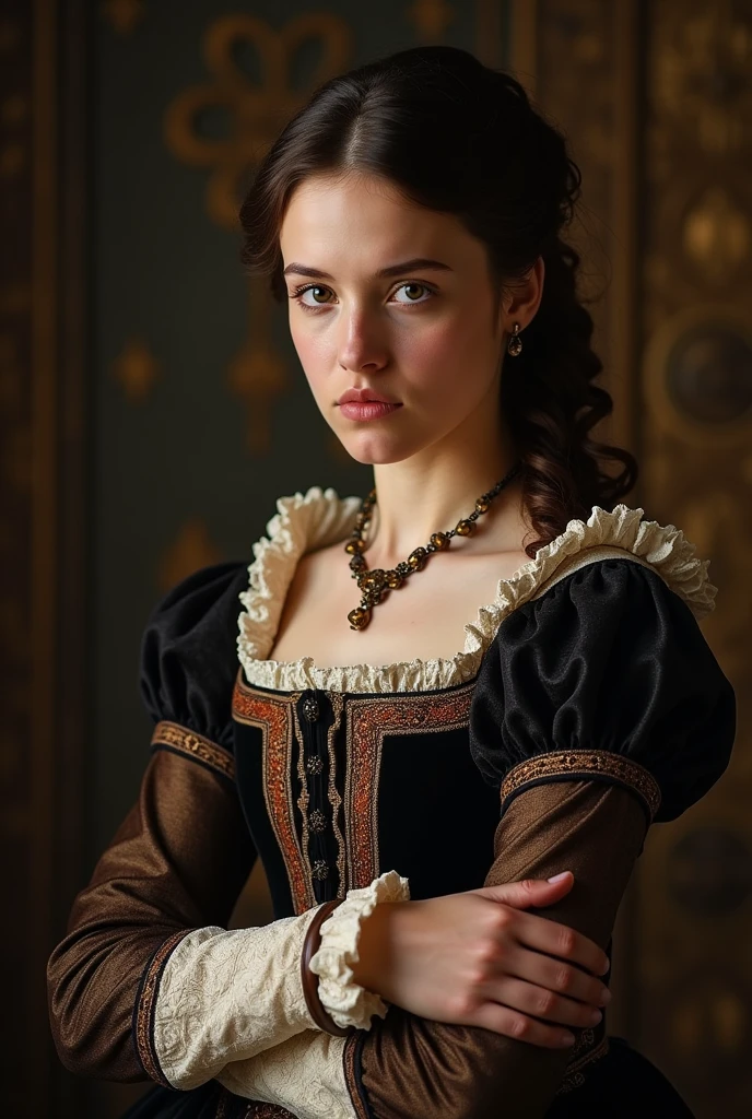 England, 1558. A young ((((1)) Margery Fitzgerald)), beautiful, intelligent, expressive eyes, gracefull demeanor, at home, crossed arms, ((angry expression)), ((((clothings from the 1550s)))), ((lustrous and flowing dark hairstyle of the 1550s))