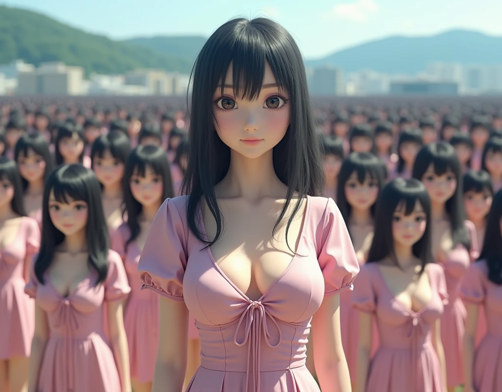 (((Japanese Clone girls=Myself)))), (((best masterpiece Clone girls Raw Photography Art))), (16K, Highest quality, Ultra-high resolution, RAW Photos), (Unrealistic, Unparalleled depiction, An unbelievable sight, Unprecedented and shocking, In a world where myselves are multiplied, Ultra-realistic), (((Japanese, woman, 18yo, saito-Asuka))), (Small face, Thick black hair, Semi-long hair), (V-neck short-sleeve dress), (((Very beautiful detailed girls, Accurate body structure, Very detailed完璧な, A super busty body with very large breasts, Great proportions, super big breasts, Big, voluptuous breasts, The cleavage is very plump and emphasized))), (((Dark Eyes, Mature face, Cute Smile, A gentle gaze, Very happy laughter))), (((((Very detailedcloning描写, 1girl→cloning→1,000,000,000,000,000,000,000,000girls))))), (((((Very detailed, Absolute precision, Depicting an alter ego, With the exact same female body, With the exact same face, With the exact same hairstyle, In the exact same clothes, At the exact same height, The same exact super big boobs))))), (Myself only), (100,000,000,000,000,000,000,000,000,000,000,000,000,000,000Myself), (Beautiful poses to raise the actress's consciousness, Cleavage Emphasis, Walk freely), (Very detailed, Myself and each other, hug, Back to Back, Myself big collection, Fun conversation with myself, A happy conversation with myself, Kiss Myself Everywhere, Doting on Myself), (Free pose), (Sexual seduction), (((Unbelievably crowded, Close contact between transcendent selves, Countless "myselves" completely surround me in 360 degrees))), (Bright and soft sunlight), (((super wide view, Very wide field of view, Very detailed, Detailed ultra-perspective depiction with clear depth))), (Ultra-high-definition poster-like depiction), (Flat and gently undulating terrain, Slope, The countless "myselves" filling the city streets and hills will multiply infinitely and reach beyond the horizon), (Focus on the center of the group)