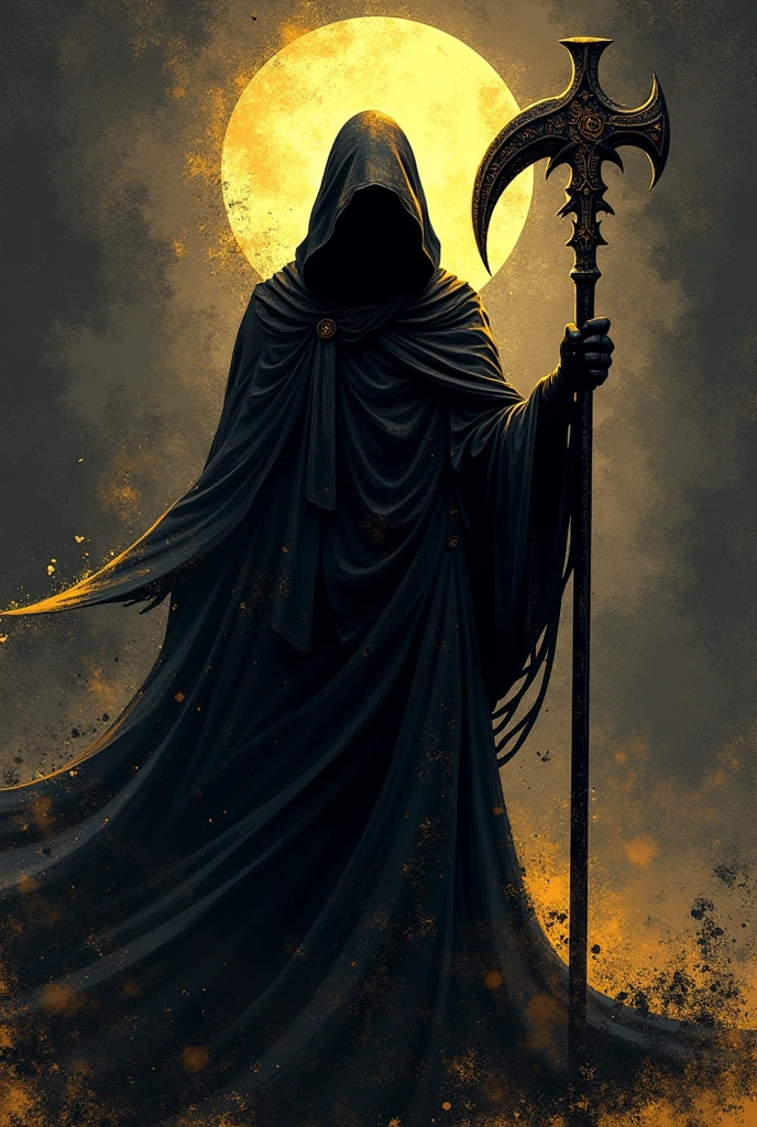 A vector illustration of a golden grim reaper, crafted with abstract, grungy shapes and sharp edges. The reaper’s silhouette is sleek and modern, with intricate patterns and metallic gold highlights throughout. The background features distressed textures and dark tones, accentuated by glowing gold elements. The design is both gritty and polished, blending modern aesthetics with a grunge feel. Created using: Adobe Illustrator, abstract vector shapes, grunge texture layers, metallic gold accents, sleek lines, high contrast, modern design, hd quality, vivid style