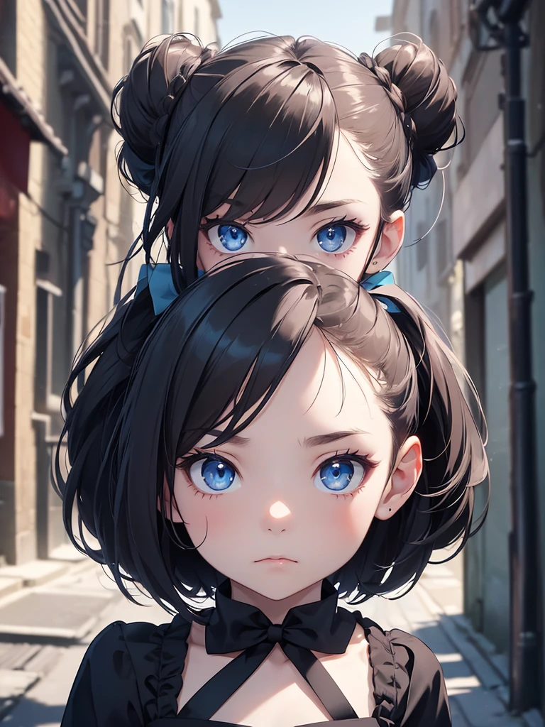 (8K, Best Quality, Masterpiece, Ultra High Resolution) Single Person, 1 Girl, , Young, Small Child, Cute Eyes, Face Details, Pale Skin, Slender, Short, Flat Chest, Dark Black Hair, Hair Buns, Blue Eyes, Hair Bow, Dark Alleyway, Best Quality, Upper Body, Looking at the Viewer, Facing Viewer, Close Up
